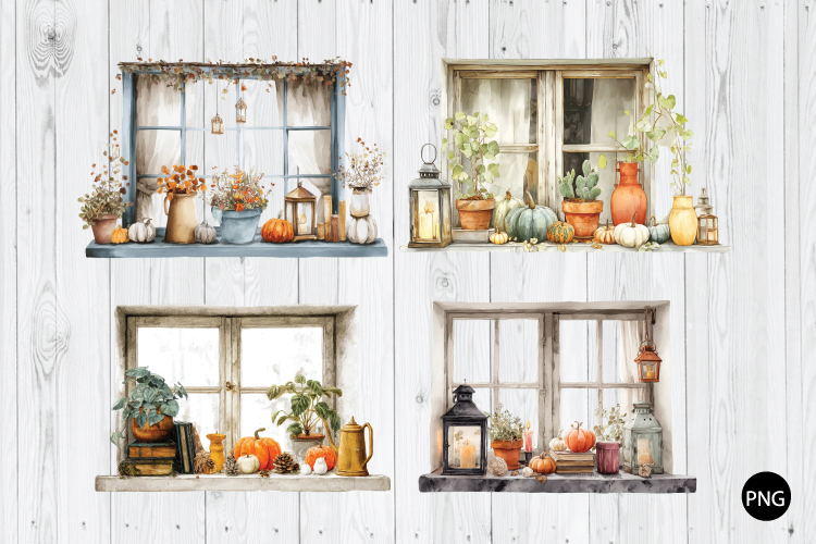 Watercolor Autumn Window PNG, Fall PNG, Fall Window Scene