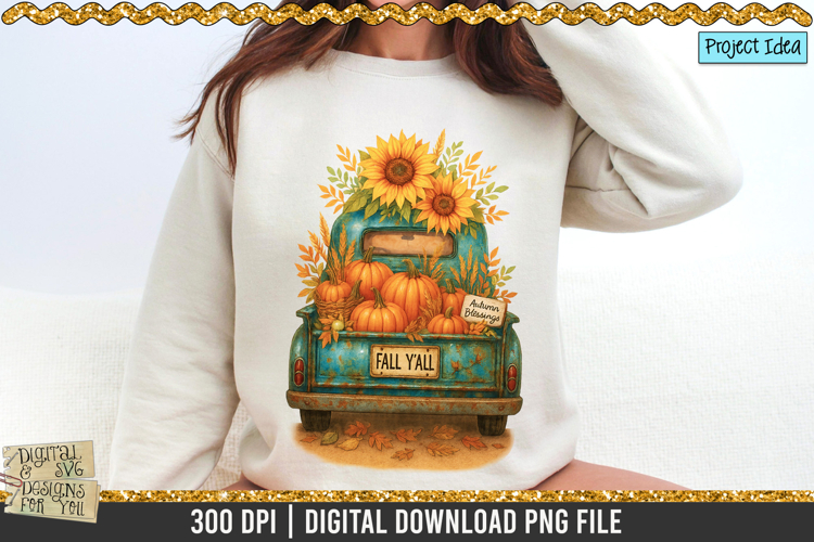Vintage Fall Truck PNG with Pumpkins & Sunflowers