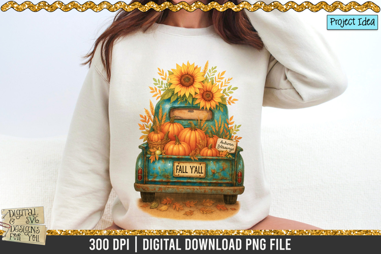 Vintage Fall Truck PNG with Pumpkins & Sunflowers