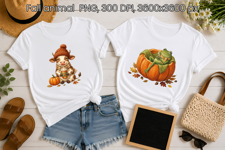 Fall Animals PNG | Cute Cow and Frog Autumn Sublimation