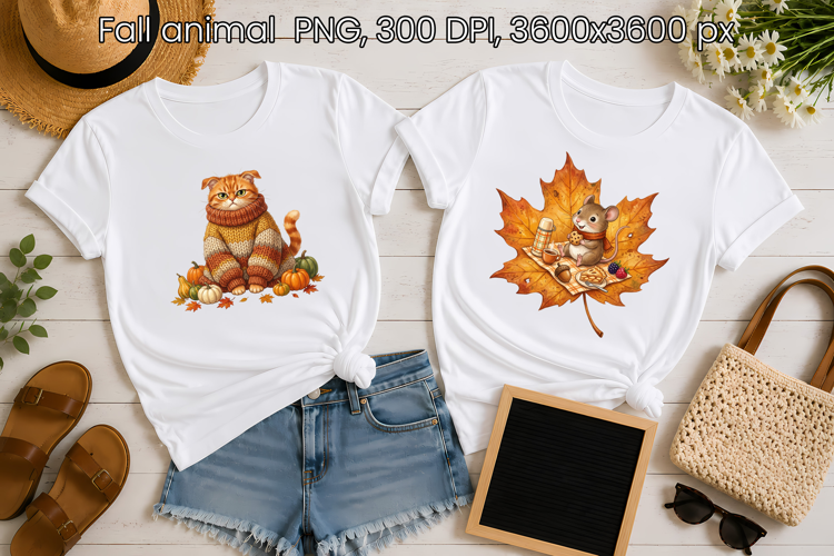 Fall Cat and Mouse PNG | Cute Autumn Animals Clipart