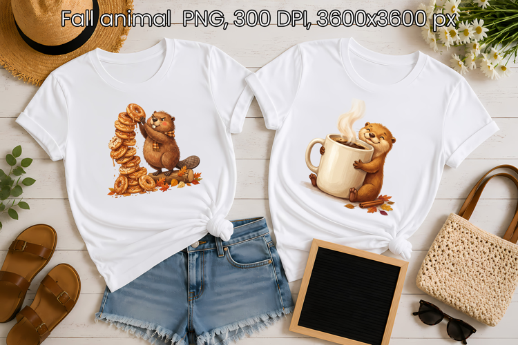 Fall Beaver and Otter PNG | Cute Autumn Animals Clipart