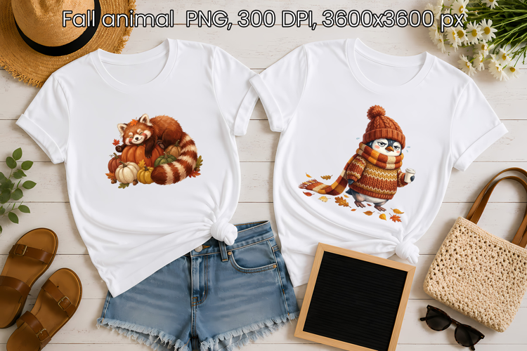 Fall Red Panda and Penguin PNG | Cute Autumn Animals