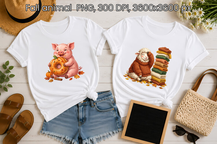 Fall Pig and Sheep PNG | Cute Autumn Animals Clipart example image 1