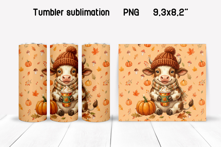 Fall Cow Tumbler Wrap | Cute Autumn Animal PNG