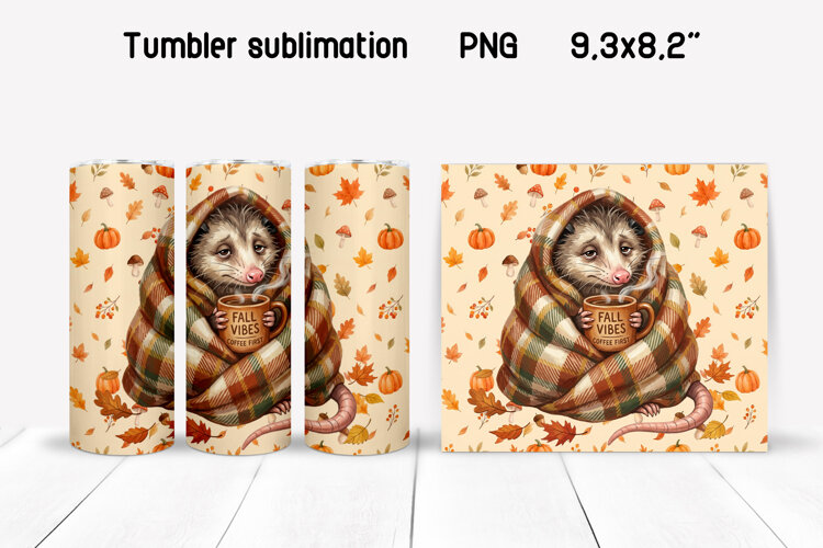 Fall Opossum Tumbler Wrap | Cozy Coffee PNG example image 1