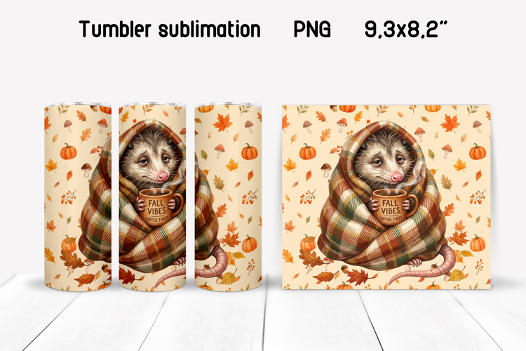 Fall Opossum Tumbler Wrap | Cozy Coffee PNG