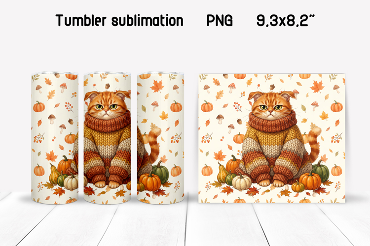 Fall Cat Tumbler Wrap | Cozy Autumn Cat PNG