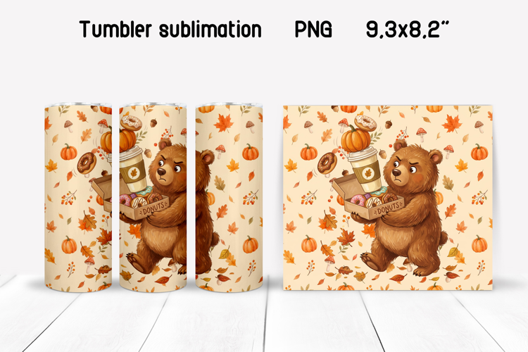 Fall Bear Tumbler Wrap | Coffee and Donuts PNG