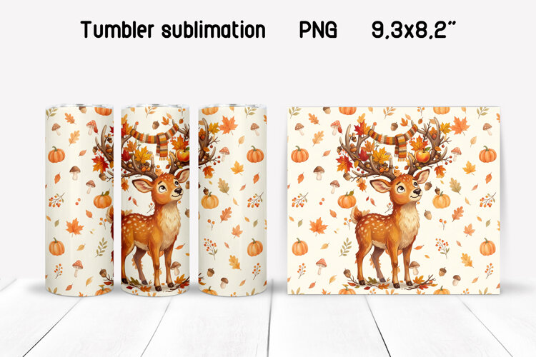 Fall Deer Tumbler Wrap PNG | Autumn Sublimation example image 1