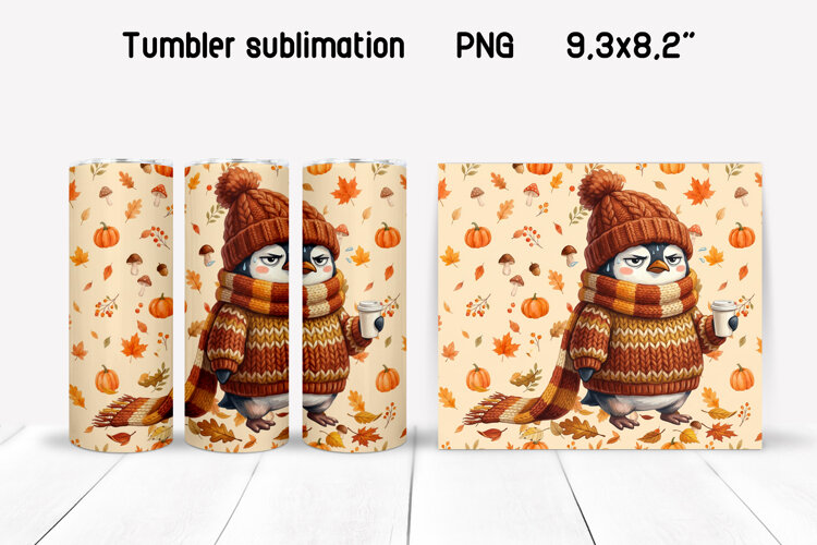 Grumpy Penguin Fall Tumbler Wrap | Autumn Sublimation PNG example image 1