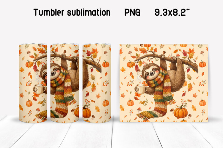 Fall Sloth Tumbler Wrap | Cozy Autumn Sublimation PNG example image 1