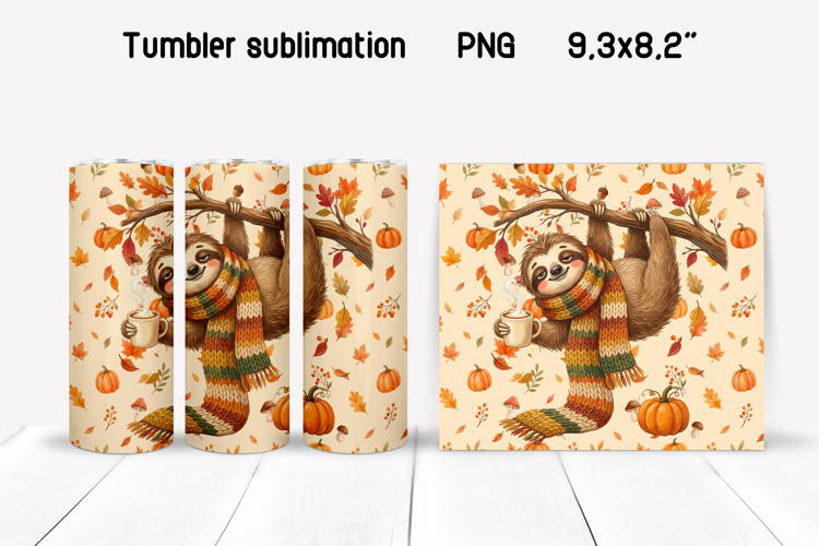 Fall Sloth Tumbler Wrap | Cozy Autumn Sublimation PNG