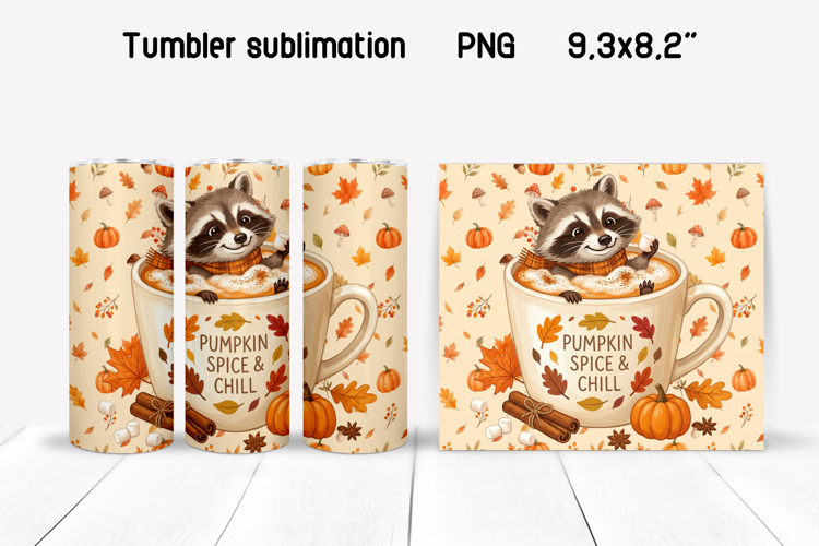 Fall Raccoon Tumbler Wrap | Pumpkin Spice Sublimation PNG