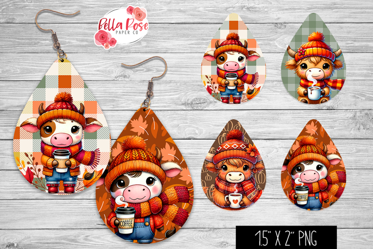 Fall Cows | 4 Sets of Teardrop Earrings PNG