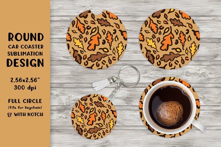 Fall leopard car coaster sublimation. Round design PNG 006 example image 1