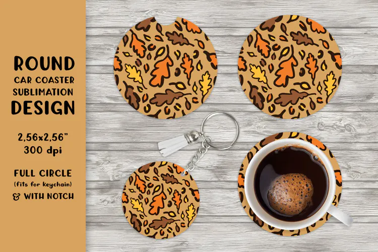 Fall leopard car coaster sublimation. Round design PNG 006