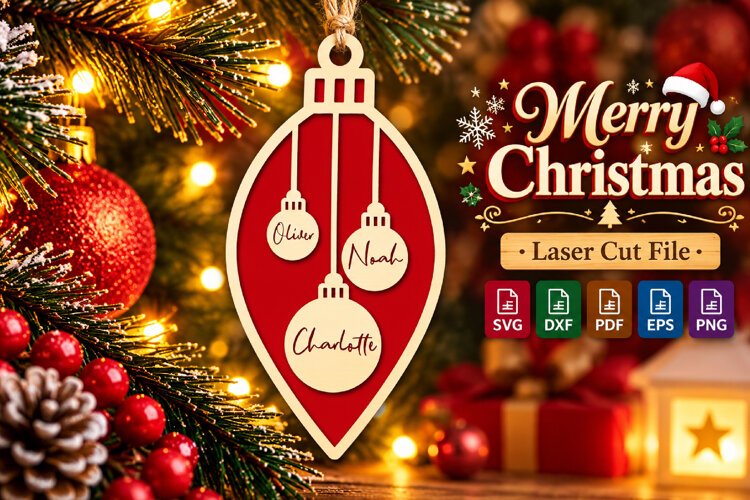 Family Christmas Ornament SVG, Red Laser Cut Bauble File example image 1