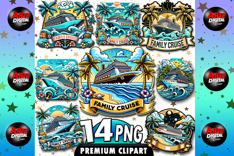 Family Cruise Clipart Bundle 14 Tropical Vacation PNG