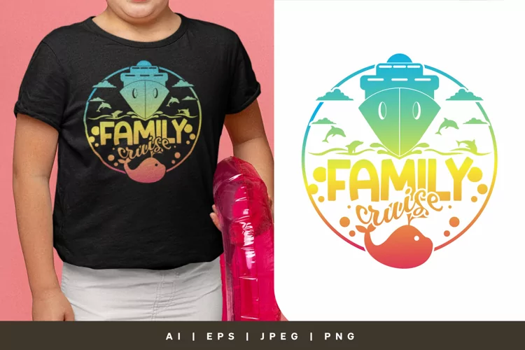 Family Cruise with Ship and Ocean Animals in Rainbow Color