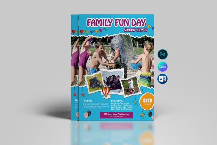 Colorful family fun day flyer template for outdoor events, community gatherings, summer parties, picnics, and family activities.