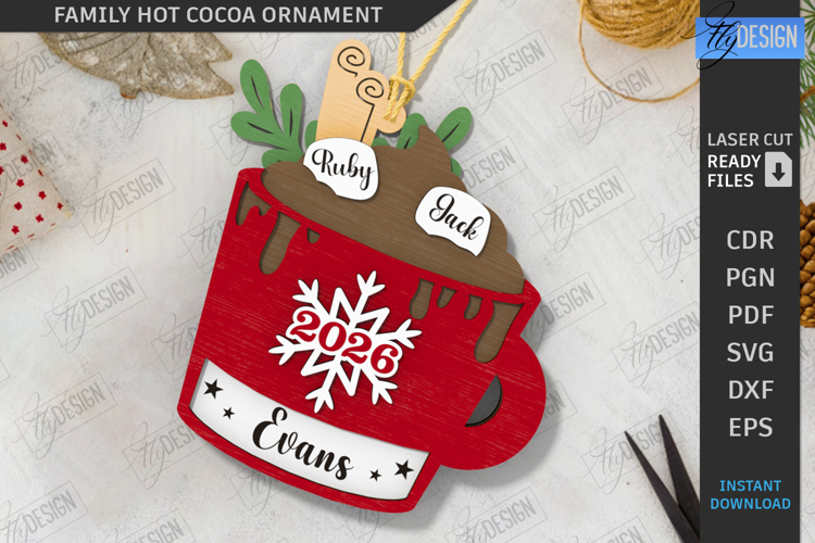 Family Hot Cocoa Mug Ornament Laser Cut | Christmas Ornament