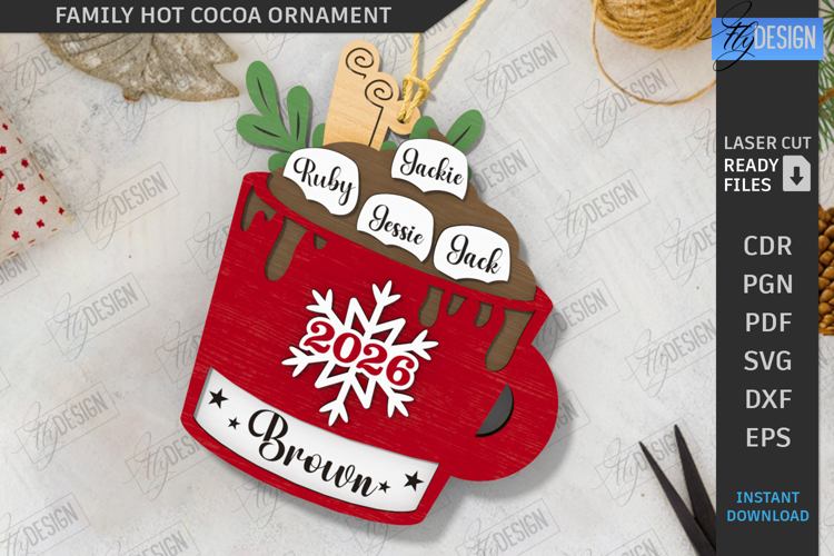 Family Hot Cocoa Mug Ornament Laser Cut | Christmas Ornament