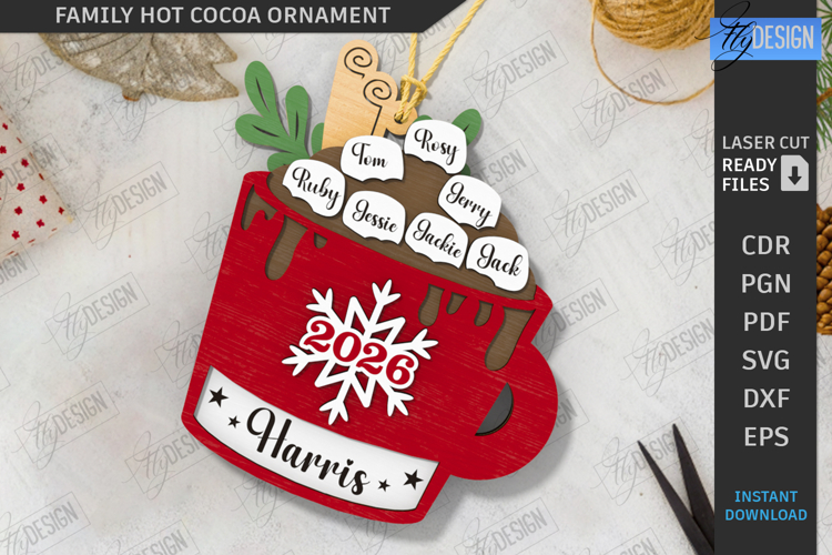 Family Hot Cocoa Mug Ornament Laser Cut | Christmas Ornament