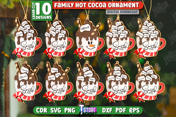 Personalized Family Hot Cocoa Mug Ornament Laser Cut Bundle