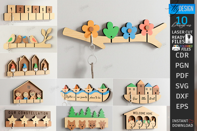 Family Key Holder Laser Cut | Decorative Wall Key Organizer