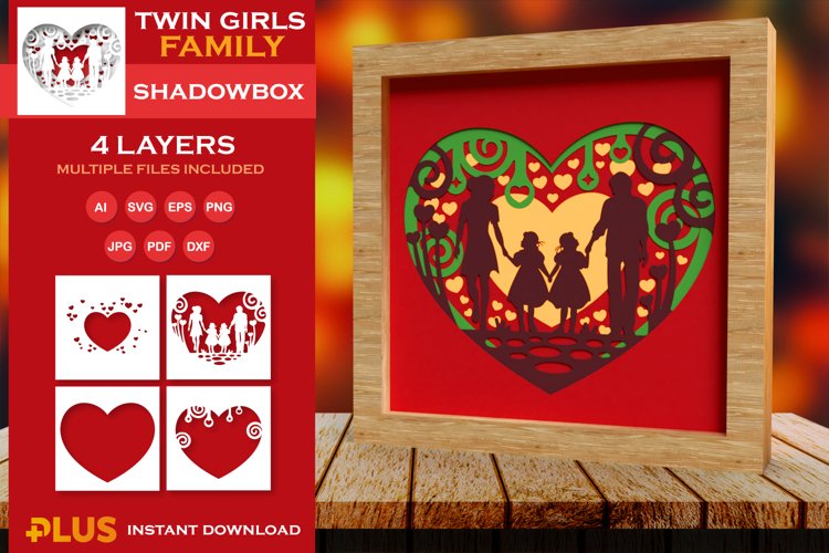 3D Layered Family Shadowbox with Twin Girls Paper Cut Design example image 1