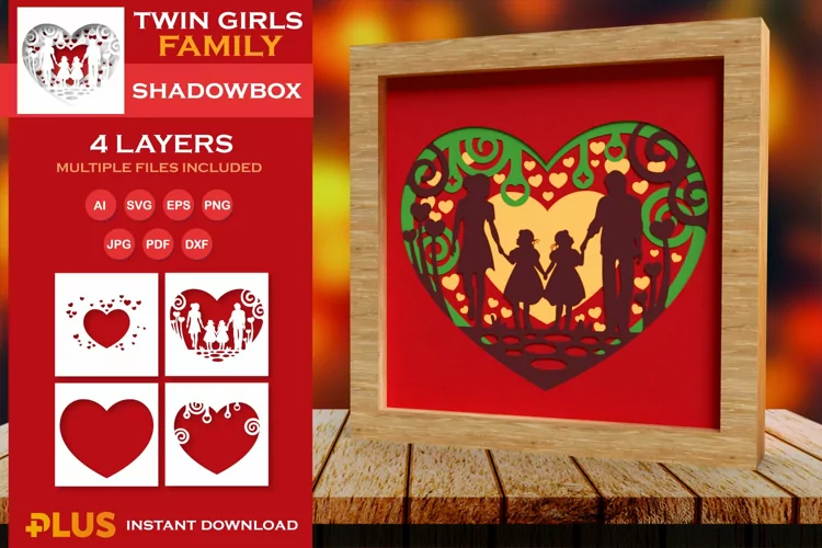 3D Layered Family Shadowbox with Twin Girls Paper Cut Design
