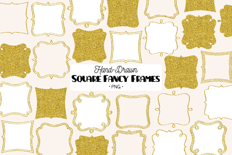Fancy Square Frames, Gold Glitter, Hand Drawn Borders