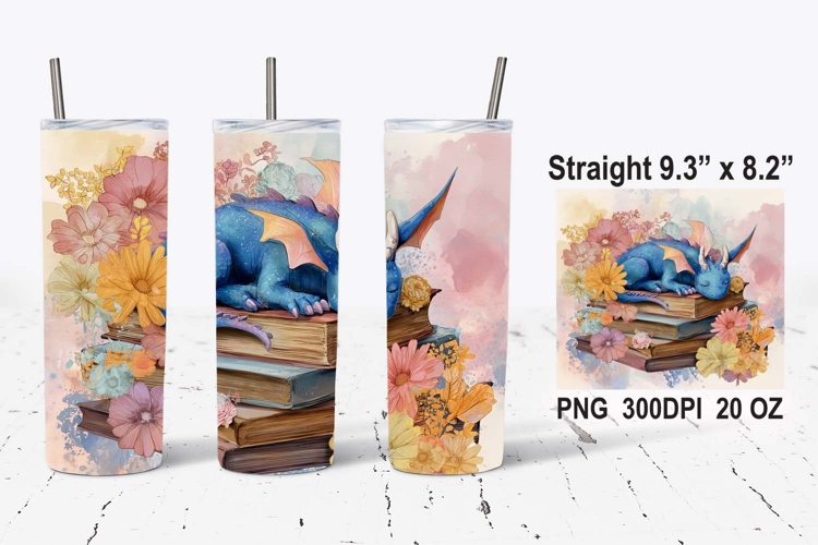 Fantasy Baby Dragon Sleeping on Stack Books Tumbler Wrap