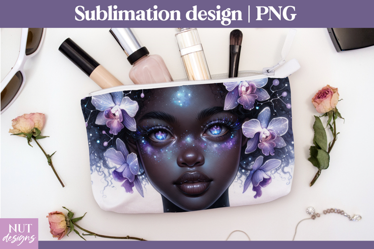 Cosmic Orchid girl Cosmetic Bag Black woman makeup bag