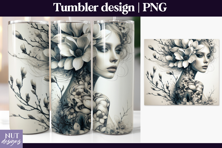 Monochrome fantasy Tumbler Wrap Surreal Magnolia woman