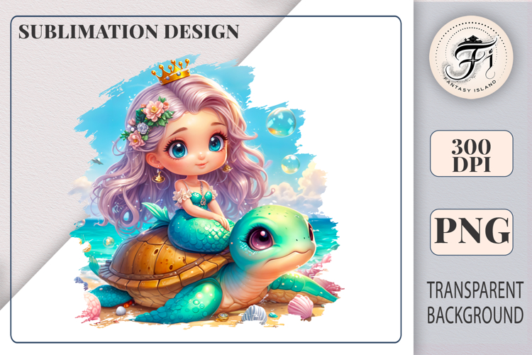 Cute Little Mermaid Riding Sea Turtle | Ocean Clipart PNG