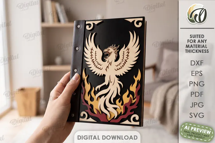 Fantasy Notebook Cover Laser Cut. Journal Cover. Phoenix SVG