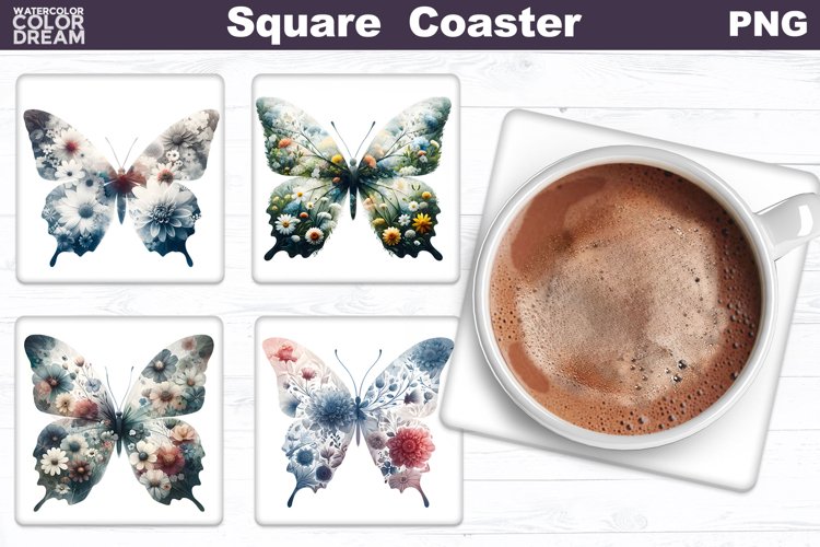 Butterfly Flowers Square Coaster | Double Exposure Butterfly