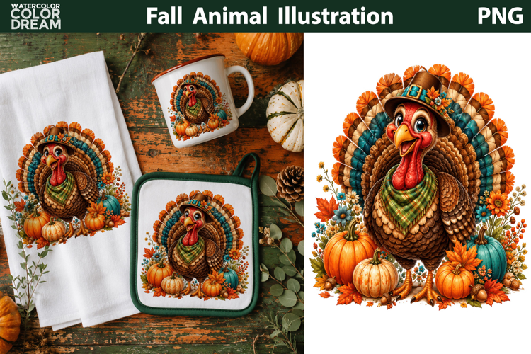 Cute Fall Turkey With Pumpkins | Thanksgiving Animal Clipart