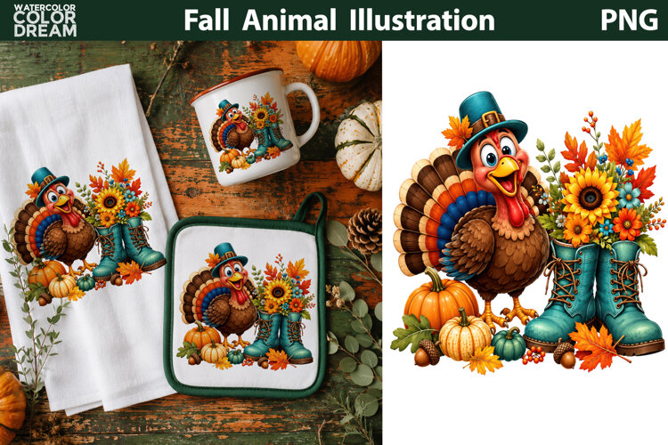 Cute Turkey With Floral Boots | Thanksgiving Animal Clipart example image 1
