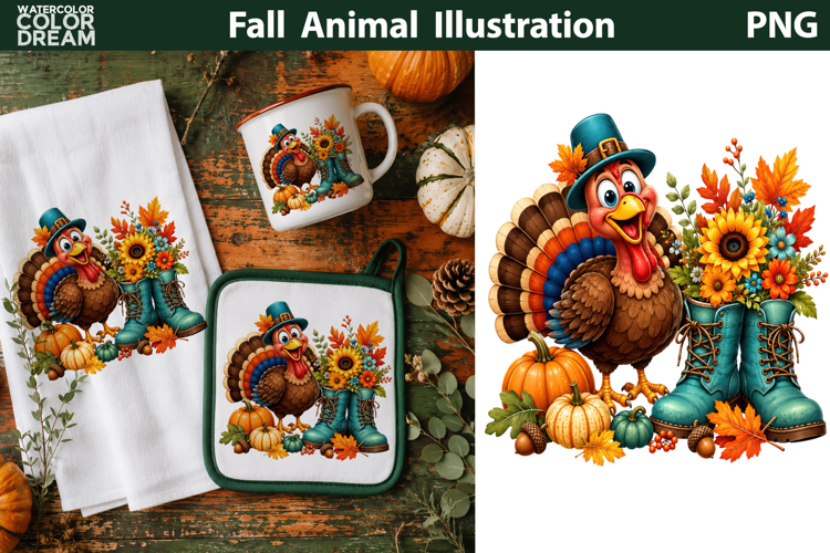 Cute Turkey With Floral Boots | Thanksgiving Animal Clipart