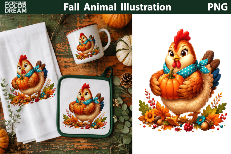 Cute Fall Chicken With Pumpkin | Autumn Animal Clipart