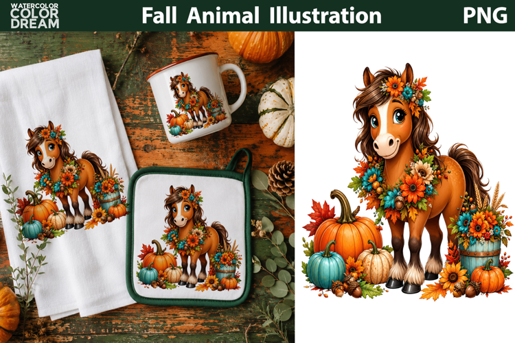 Cute Fall Horse With Pumpkins | Autumn Animal Clipart