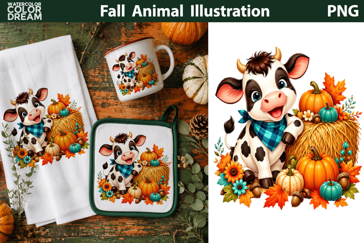 Cute Fall Cow Clipart | Autumn Farm Sublimation