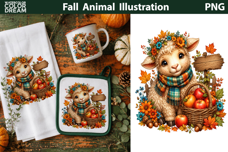Cute Fall Lamb Clipart | Autumn Farm Sublimation