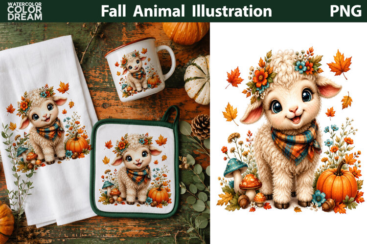 Cute Fall Lamb With Pumpkin | Autumn Animal Clipart example image 1