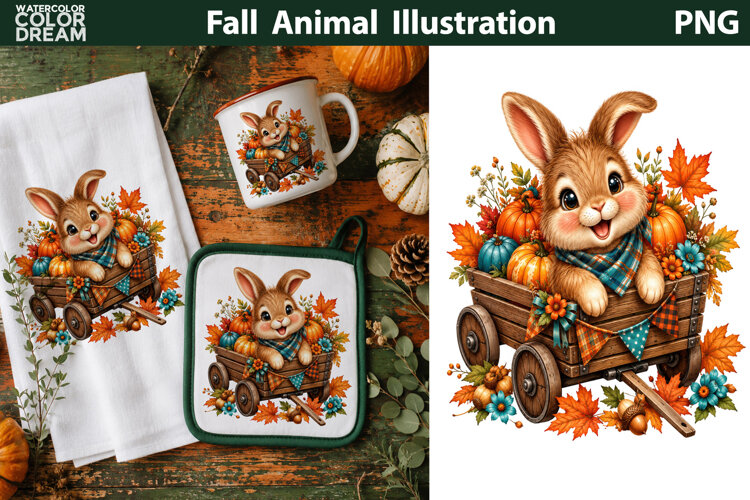 Cute Fall Bunny Illustration | Autumn Sublimation example image 1