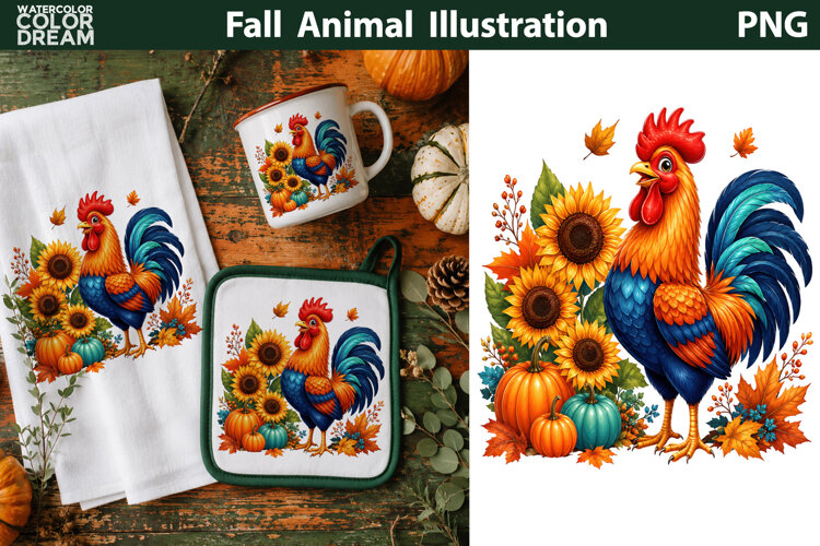 Colorful Fall Rooster | Autumn Sublimation example image 1