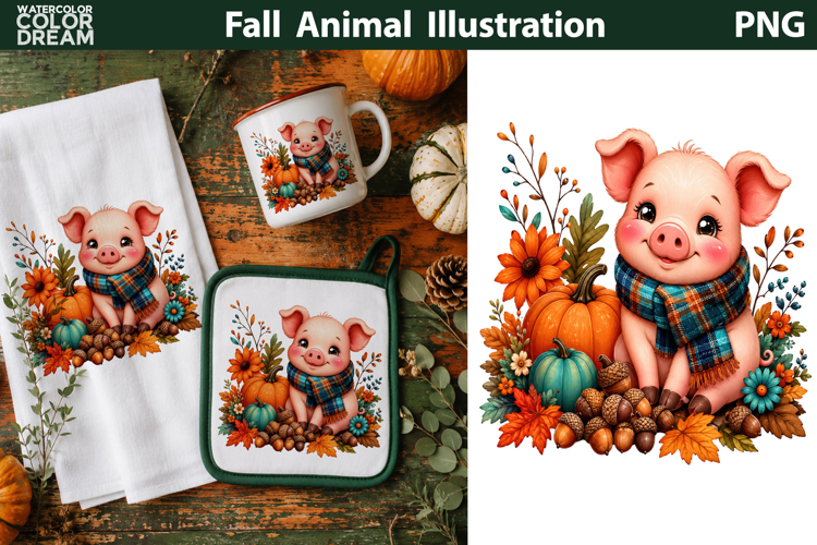Cute Fall Pig With Pumpkins | Autumn Animal Clipart